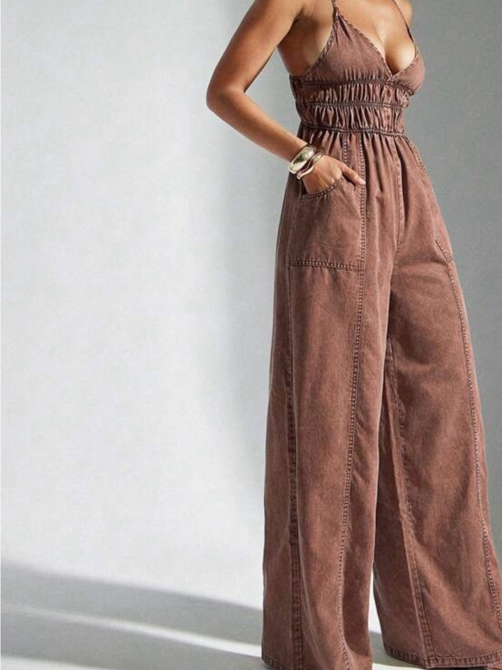 Wide-Leg Brown Cotton Jumpsuit